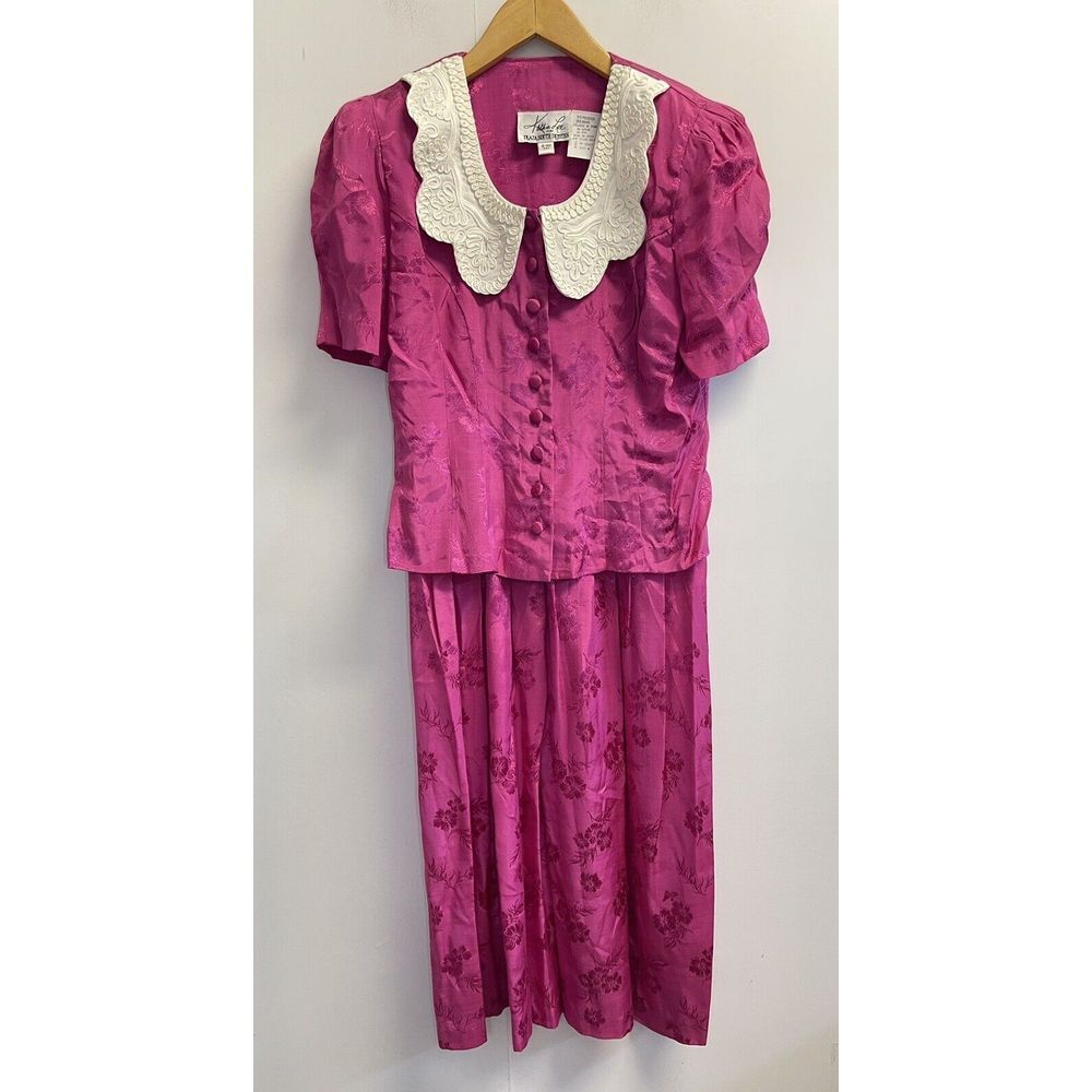 VINTAGE 80s Kathie Lee Hot Pink Floral Dress Size 4 White Embroidered Collar